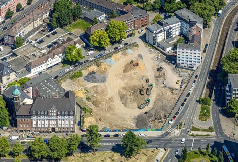 Aerial view, planned new building BürgerRathaus, former job centre and old main swimming pool