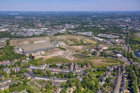 Aerial view, new construction area Stadtquartier Essen 51, Helenenstraße, Berthold-Beitz-Boulevard,