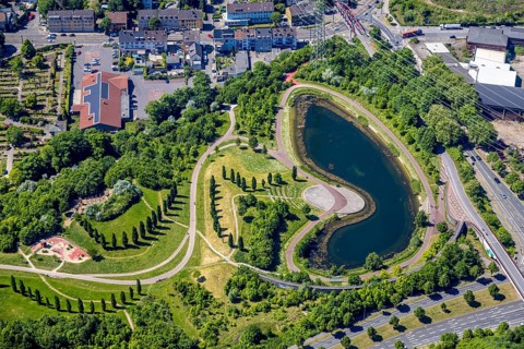 Aerial view, Kruppsee with open-air theatre and park, Westviertel, Essen, Ruhr area, North