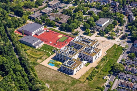 Aerial view, Gustav-Heinemann comprehensive school with Gustav-Heinemann youth library centre