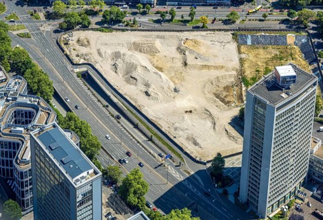 Aerial view, Campus Essen. Construction site, Kölbl Kruse construction site near Freiheit, Innogy