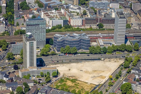 Aerial view, Campus Essen. Construction site, Kölbl Kruse construction site near Freiheit, Innogy