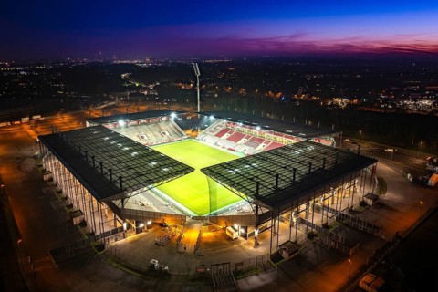 Aerial view, football stadium at the Hafenstraße of the club Rot-Weiß Essen, 3rd Bundesliga,