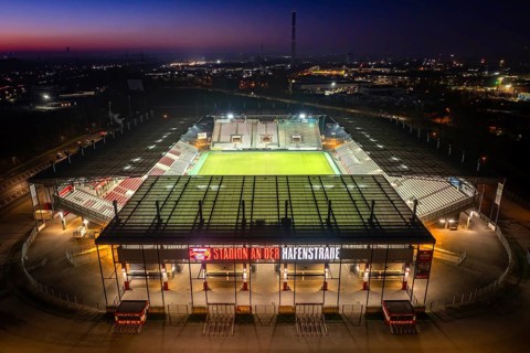 Aerial view, football stadium at the Hafenstraße of the club Rot-Weiß Essen, 3rd Bundesliga,