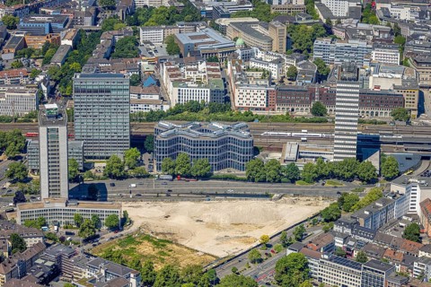 Aerial view, Campus Essen. Construction site, Kölbl Kruse construction site near Freiheit, Innogy