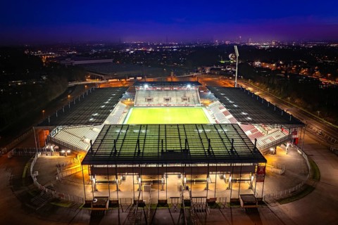 Aerial view, football stadium at the Hafenstraße of the club Rot-Weiß Essen, 3rd Bundesliga,