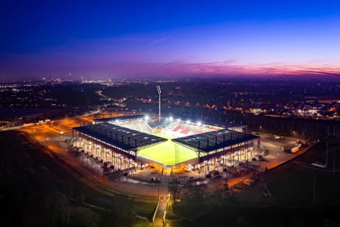 Aerial view, football stadium at the Hafenstraße of the club Rot-Weiß Essen, 3rd Bundesliga,