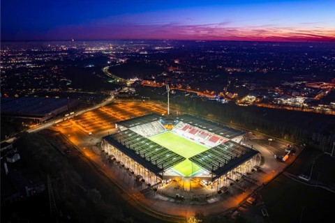 Aerial view, football stadium at the Hafenstraße of the club Rot-Weiß Essen, 3rd Bundesliga,