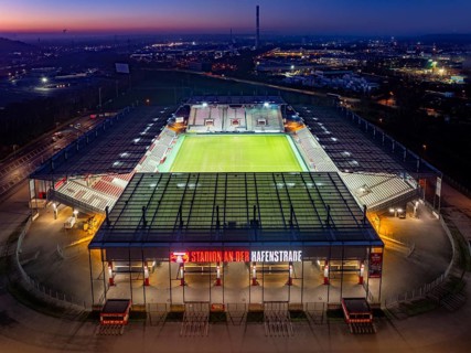 Aerial view, football stadium at the Hafenstraße of the club Rot-Weiß Essen, 3rd Bundesliga,
