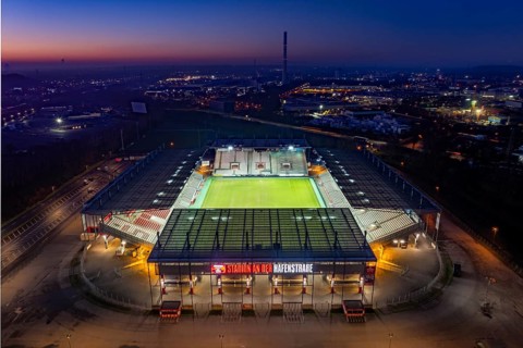 Aerial view, football stadium at the Hafenstraße of the club Rot-Weiß Essen, 3rd Bundesliga,
