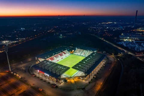 Aerial view, football stadium at the Hafenstraße of the club Rot-Weiß Essen, 3rd Bundesliga,