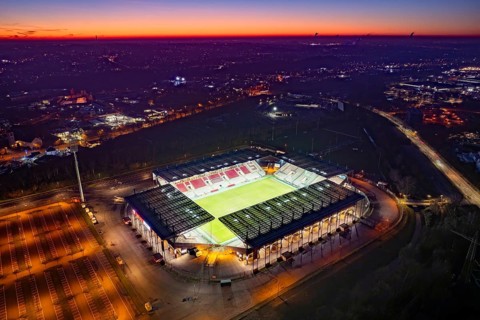 Aerial view, football stadium at the Hafenstraße of the club Rot-Weiß Essen, 3rd Bundesliga,