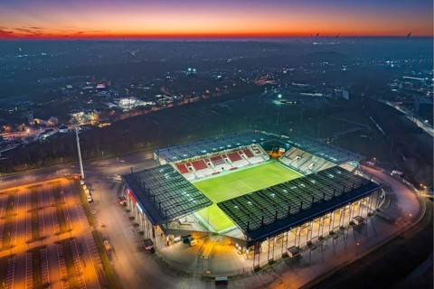 Aerial view, football stadium at the Hafenstraße of the club Rot-Weiß Essen, 3rd Bundesliga,
