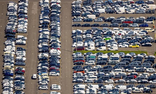 Aerial view, car park of CAT Automobillogistik Essen GmbH, Katernberg, Essen, Ruhr area, North
