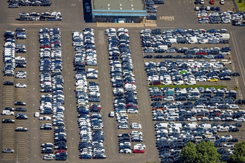 Aerial view, car park of CAT Automobillogistik Essen GmbH, Katernberg, Essen, Ruhr area, North