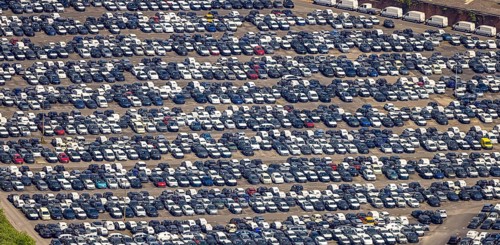 Aerial view, car park of CAT Automobillogistik Essen GmbH, Katernberg, Essen, Ruhr area, North
