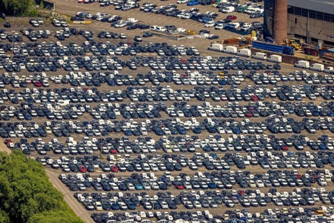 Aerial view, car park of CAT Automobillogistik Essen GmbH, Katernberg, Essen, Ruhr area, North