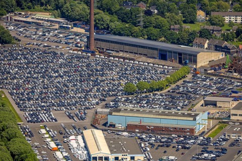 Aerial view, car park of CAT Automobillogistik Essen GmbH, Katernberg, Essen, Ruhr area, North