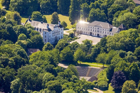 Aerial view, Borbeck moated castle and castle park, Dubois-Arena amphitheatre open-air stage,