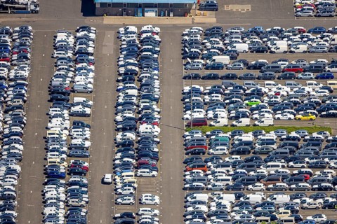 Aerial view, car park of CAT Automobillogistik Essen GmbH, Katernberg, Essen, Ruhr area, North