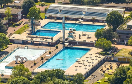 Aerial view, Grugabad Am Grugapark, outdoor swimming pool, Rüttenscheid, Essen, Ruhr area, North