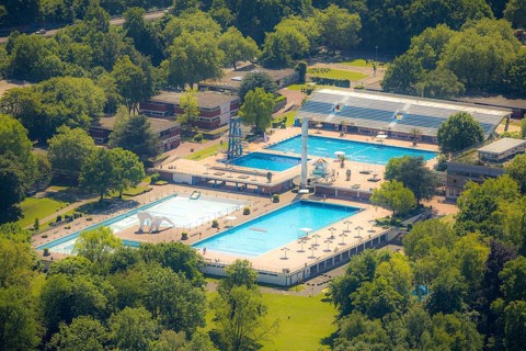 Aerial view, Grugabad Am Grugapark, outdoor swimming pool, Rüttenscheid, Essen, Ruhr area, North