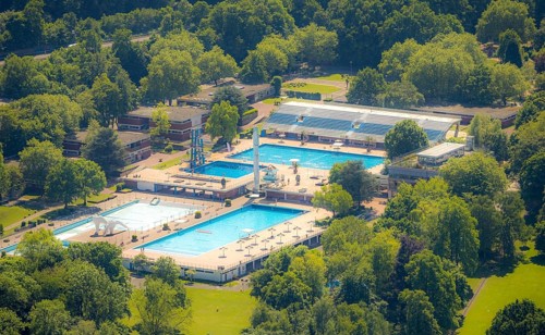 Aerial view, Grugabad Am Grugapark, outdoor swimming pool, Rüttenscheid, Essen, Ruhr area, North