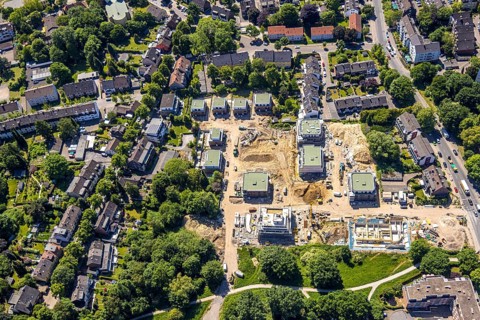 Aerial view, construction site at the former Bocholder Straße nursery with new-build apartment