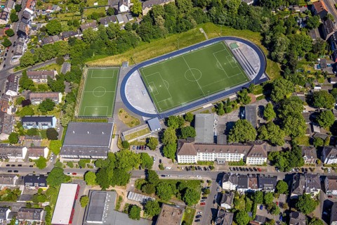 Aerial view, football stadium and athletics stadium with blue running track, Prinzenpark sports