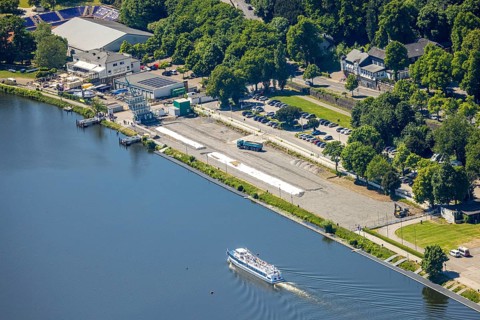 Aerial view, construction site with new regatta grandstand at the regatta house and the regatta