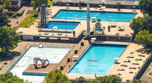 Aerial view, Grugabad Am Grugapark, outdoor swimming pool, Rüttenscheid, Essen, Ruhr area, North