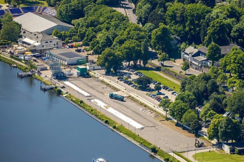 Aerial view, construction site with new regatta grandstand at the regatta centre and the regatta