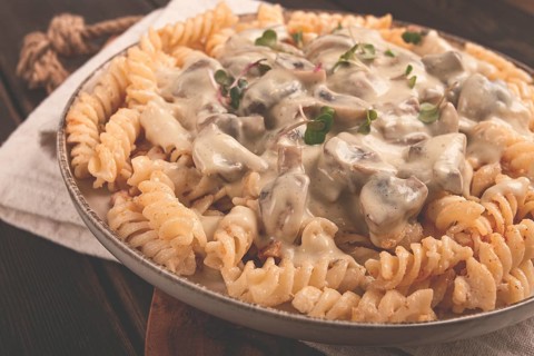 Fusilli pasta, with champignons in creamy garlic sauce, with herbs and spices, sauce, no people