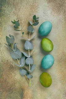 Composition of colored eggs and eucalyptus leaves, on a textured background, Easter card, no people