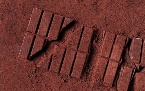 Chocolate bars broken and scattered on cocoa powder background with rich texture and color