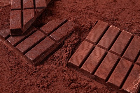 Chocolate bars broken and scattered on cocoa powder background with rich texture and color