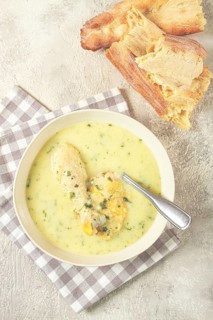 Chikhirtma chicken soup, Georgian dish, with lavash, top view, no people