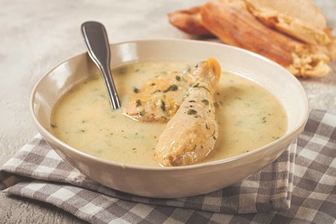Chikhirtma chicken soup, Georgian dish, with lavash, top view, no people