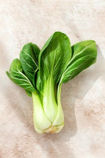 Fresh bok choy, laid out on a light gray surface, top view, natural light