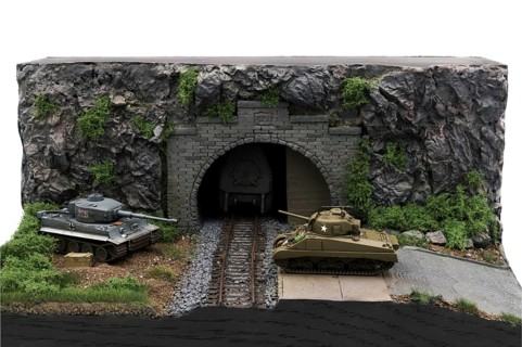 Model building diorama: Tiger and Sherman tanks at the railway tunnel