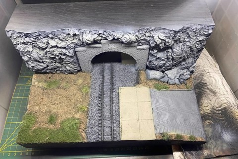 Model making diorama: railway tunnel, tracks and rocky landscape, Haan, North Rhine-Westphalia,