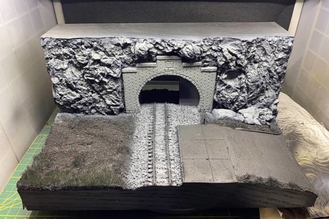 Model making diorama: railway tunnel, tracks and rocky landscape, Haan, North Rhine-Westphalia,