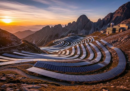 Winding rows of solar panels seamlessly integrated into a mountainous landscape under a dynamic