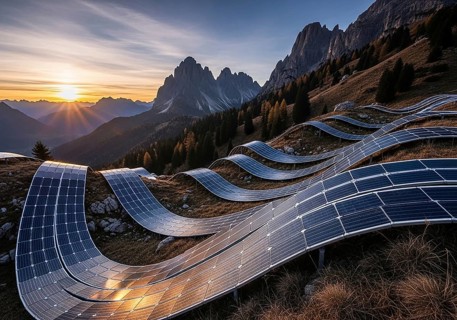 Winding rows of solar panels seamlessly integrated into a mountainous landscape under a dynamic