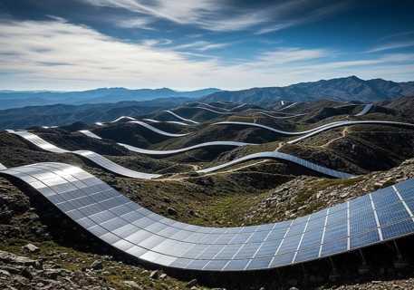 Winding rows of solar panels seamlessly integrated into a mountainous landscape under a dynamic