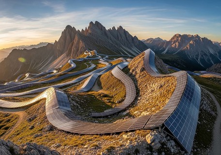 Winding rows of solar panels seamlessly integrated into a mountainous landscape under a dynamic
