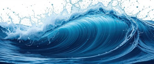 A powerful blue ocean wave cresting, with splashes and foam against a white background. Captivating