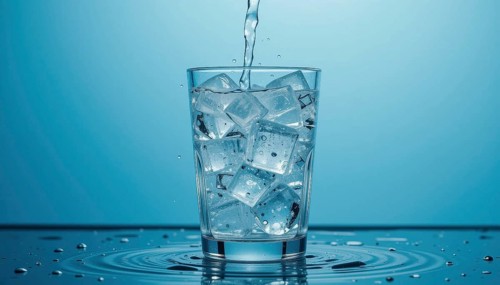 A glass of water being poured over ice cubes on a blue background. Water droplets are visible,