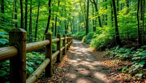 A scenic forest path leads through a vibrant green woodland, with a wooden fence bordering the