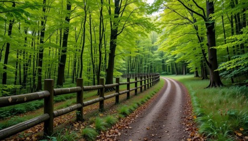 A winding dirt road meanders through a vibrant green forest, framed by a rustic wooden fence and